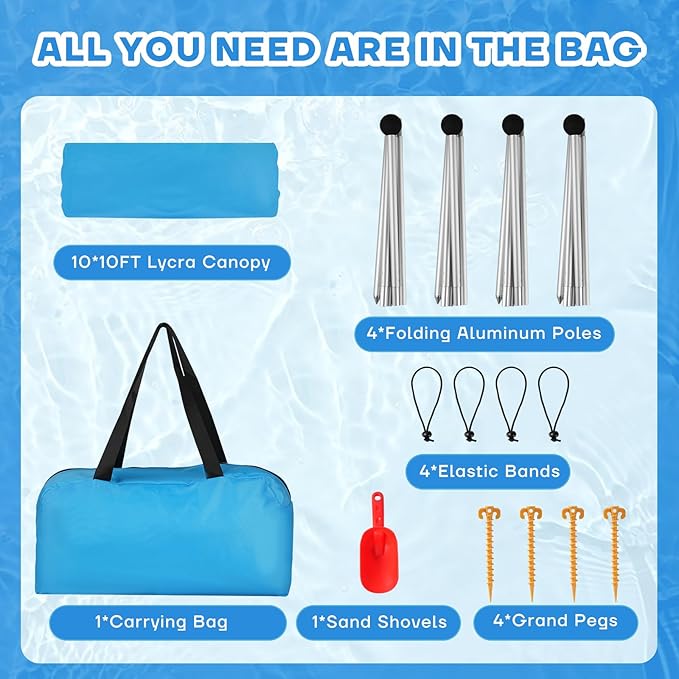 Beach Tent Canopy UPF50+ Protection 10x10FT Beach Shade Sun Shelter Pop Up with 4 Stability Poles Sandbags Sand Shovels Ground Pegs Carrying Bag for Outdoor Family Camping Fishing Picnics