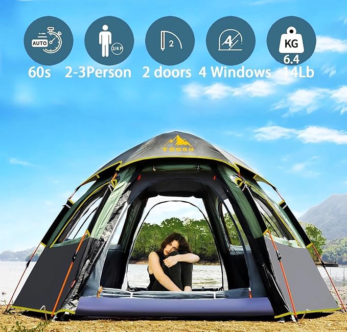 Camping Tent with Instant Setup 2/3 Person Weatherproof Easy Quick Set Up in 60 Seconds with Rainfly Backpack Tent for Family Camping &amp Hiking Upgraded VentilationCenter Height 66-inch