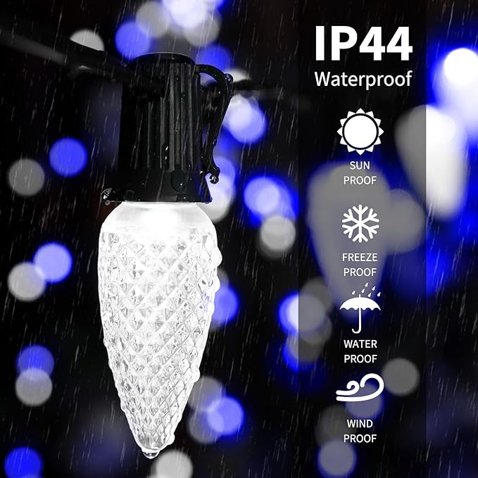 Minetom 100 Feet Led Christmas LightsBlue White C9 Christmas String Lights Outdoor 100 Strawberry Bulbs Connectable UL Certified for Indoor Outdoor Roofline Patio Holiday Party Backyard Xmas Decor