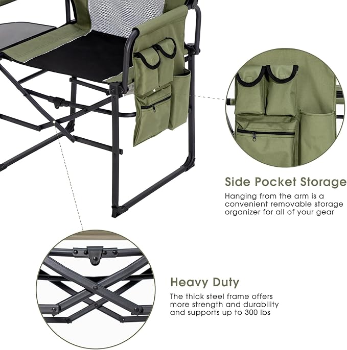 Wide Folding Director Chair with Table Outdoor Camping Chair for Adults with Cup Holder Load 330 Lbs Portable Lightweight Chair for Outside with Carry Bag for Patio Green-2Pack