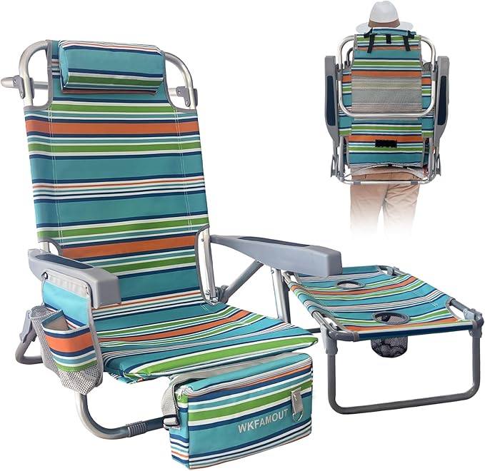 Backpack Beach Chair Aluminum with Folding Camping Table 5-Position Lay Flat Lounge Chair Outdoor for Adults with Insulated Cooler Bag and Cup Holder