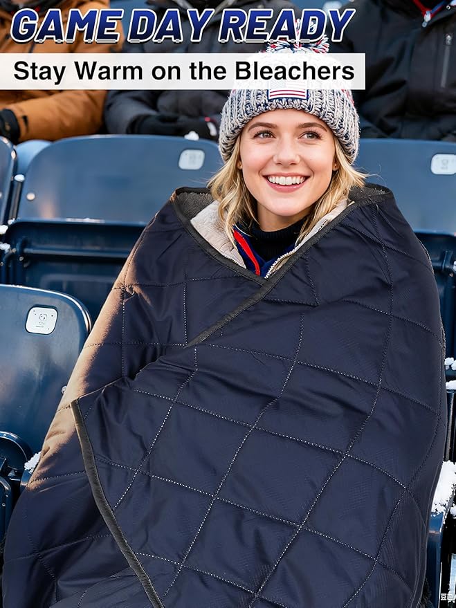Aulock 55''W x 60''L Warm Outdoor Stadium Blanket Waterproof - Portable &amp Windproof Navy Blanket with Sherpa Fleece Lining for Camping Winter Cold Weather