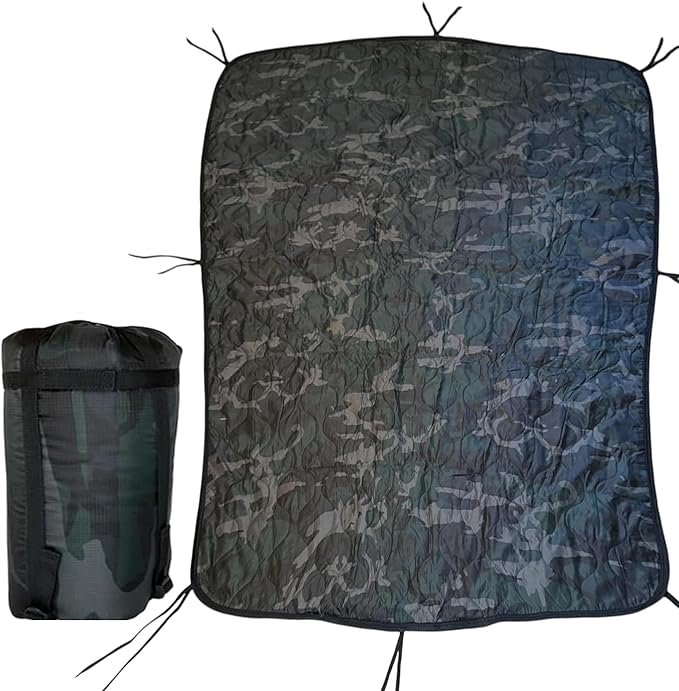 Camo Military Woobie Style Blanket- Waterproof Blankets with Adjustable Straps- 8 Pair Tie Cords military blanket with Reinforced Stitching- Ultralight RIBSTOP Travel Blanket for Camping &amp Outdoor
