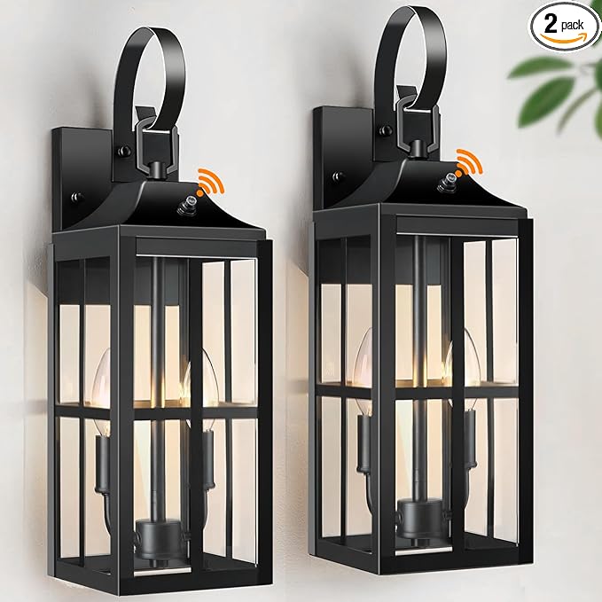 2 Pack 19 Large Outside Modern Wall Sconce Light Fixture Dusk to Dawn Industrial Porch Light Wall Mount with Glass Waterproof Farmhouse Exterior Lamp Lighting Bulbs Included