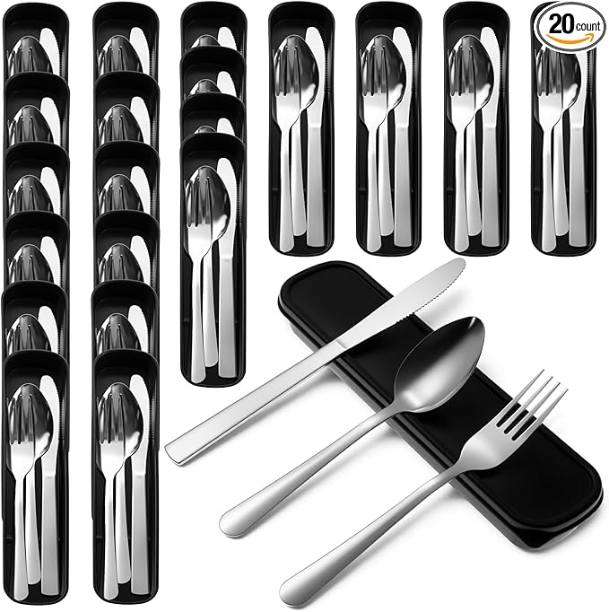 Lothee 20 Pack Travel Utensils with Case Stainless Steel Portable Camping Cutlery Set Bulk Forks Knives Spoons Silverware Set for Work Picnic Travel and Lunchboxes Dishwasher Safe Black