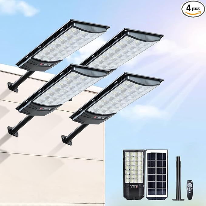 Solar Street Lights Outdoor 4-Pack 45000LM Dusk to Dawn Motion Sensor Light with Remote 7500K LED Solar Flood Light IP67 Waterproof Wall Mount Security Light for Yard Garage Driveway