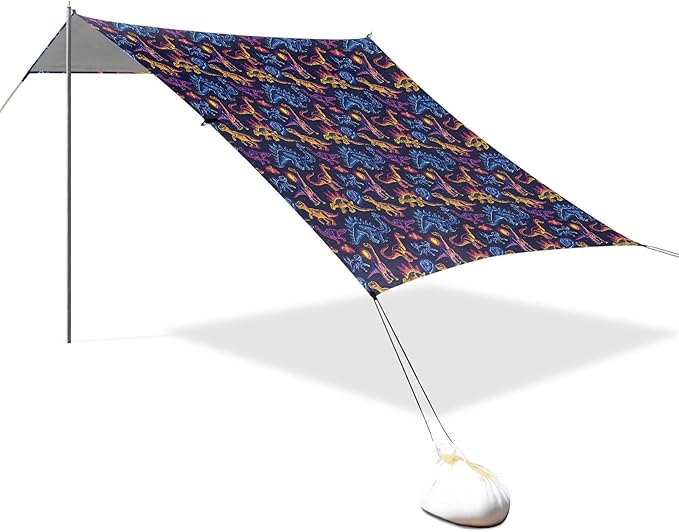ALAZA Dinosaur Dino Neon Beach Tent Sun Shelter UPF50+ Protection Beach Shade Canopy w/ 4 Sandbags for Outdoor Camping Fishing Backyard Fun Picnic 10x9 ft