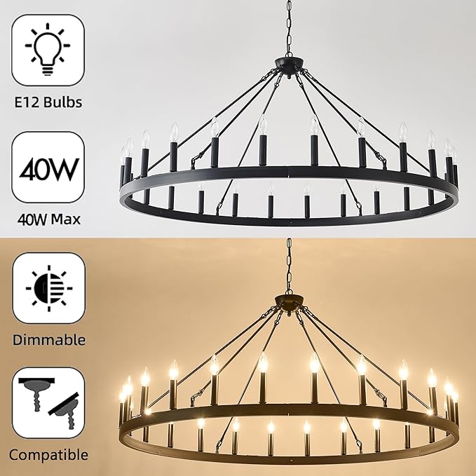 53 Inch Large Black Farmhouse Wagon Wheel Chandelier24-Light Round Industrial Pendant Light fixtures for Outdoor Porch high Ceilings Living Dining Room Foyer Entryway