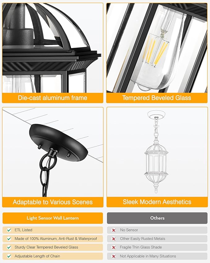 VIANIS 20 Large Outdoor Pendant Light Black Outdoor Chandelier for Porch with Tempered Beveled Glass 1-Light Adjustable Outdoor Chandelier for Entryway Gazebo Anti-Rust 100% Aluminum