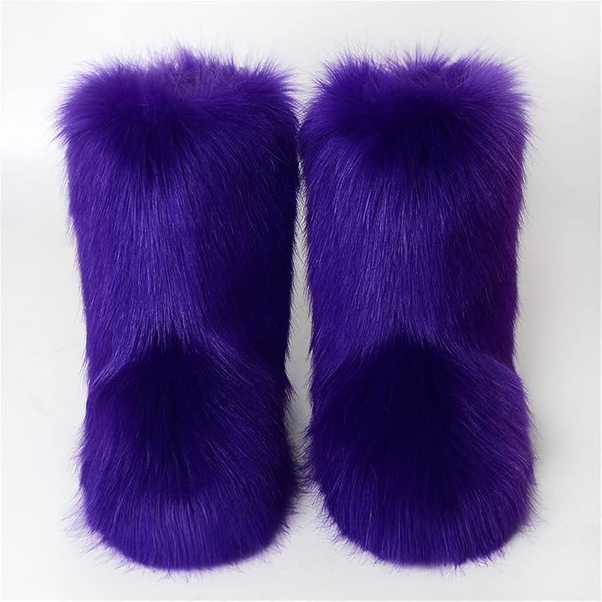 Womens Furry Faux Fur Booties Winter Warm Snow Ankle Boots Fuzzy Fluffy Furry Mid Calf Boots Outdoor Comfy Flat Shoes