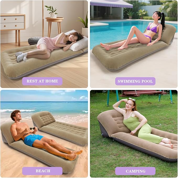 Inflatable Camping Air Mattress with Adjustable Backrest Flocking Portable Recliner Air Sofa Bed Blow-Up Sleeping Pad Sofa for Outdoor Hiking Beach Tent Travel – Fast Inflation with Pump