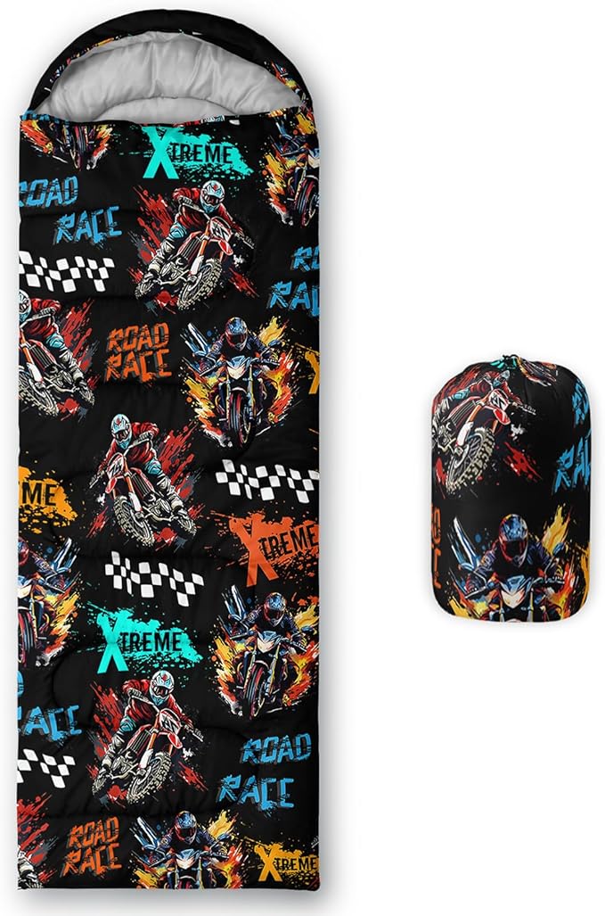 Axolotl Dirt Bike Sleeping Bag for Boys Cool Road Race Waterproof Camping Bag Colorful Motocross Motorcyclists Portable Camping Backpacking for Travelling Outdoor Indoor Hunting Gear Equipment