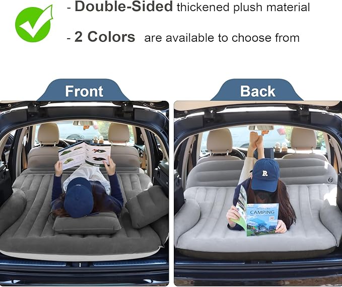 SUV Air Mattress Double-Sided Thick Flocked Car Air Mattress with Built-in Pump &amp Pillow Complete Sleeping Accessories for Auto Camping &amp Road Trips（Dark Coffee）