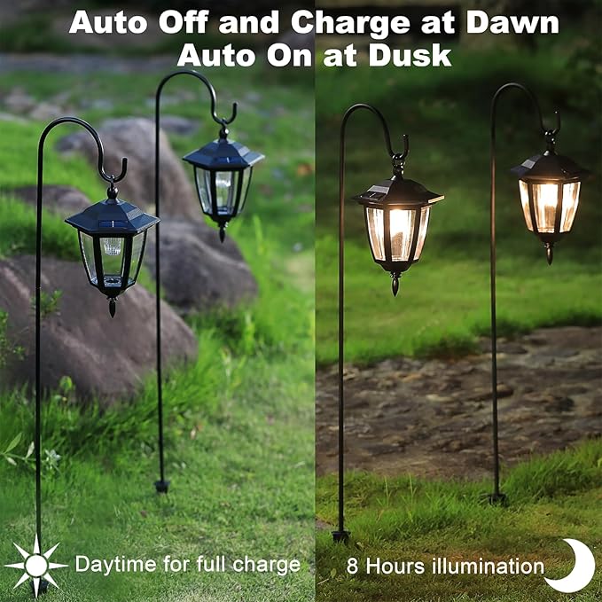 Dynaming 4 Pack Solar Hanging Lights Outdoor Solar Powered Garden Decorative Lanterns with 4 x 38 Inch Shepherd Hooks Waterproof Landscape Lighting for Lawn Patio Yard Pathway Driveway Warm White