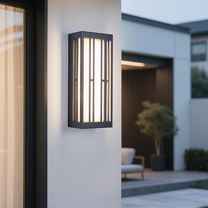 Outdoor Wall Lights IP65 Waterproof &amp Anti-Rust 1700 Lumens LED Porch Light Triac Dimming Textured Black Metal with White Acrylic Shade &amp UV RatedWall Mount for Patio Entryway