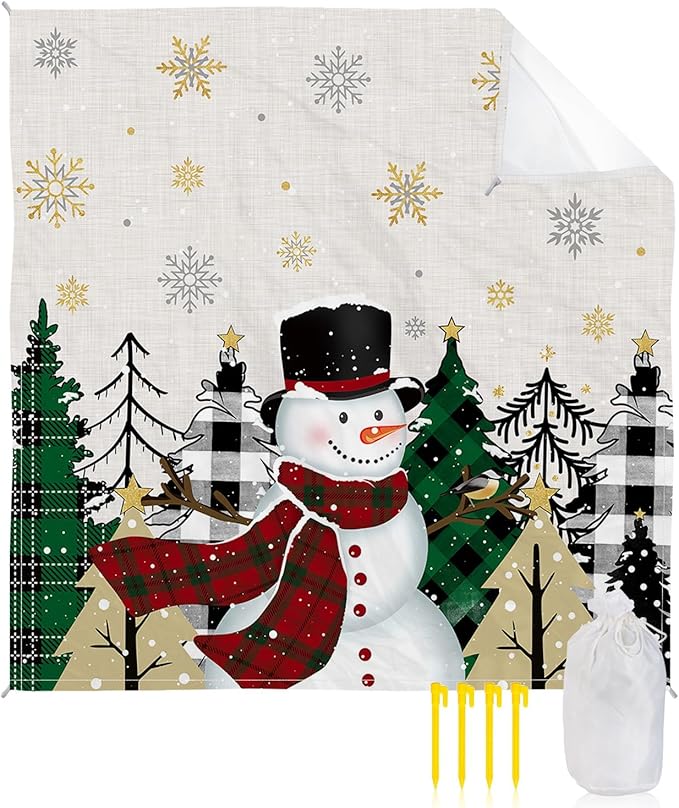 Beach Blanket Waterproof Sandproof Christmas Tree Cute Snowman Quick Drying Beach Mat with 4 Stakes Winter Snowflake on Linen Lightweight Picnic Blanket for Travel Camping Outdoor 118x108