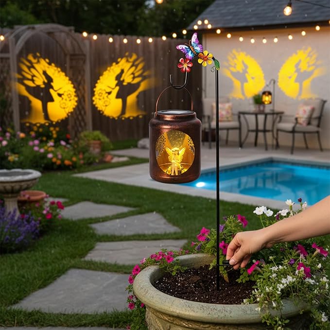 Metal Solar Lantern with Fairy Patterns &amp Resin Fairy Statue Inside Garden Decor Gifts for Women Mom Grandma Hanging Solar Lights Decoration Outside for Yard Patio Porch(Shepherds Hook Included