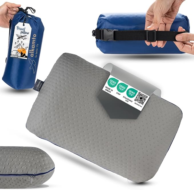 alkamto Travel &amp Camping Comfortable Memory Foam Pillow – Easy to Carry Portable Bag – Temperature Regulating Pillow Case (Grey)
