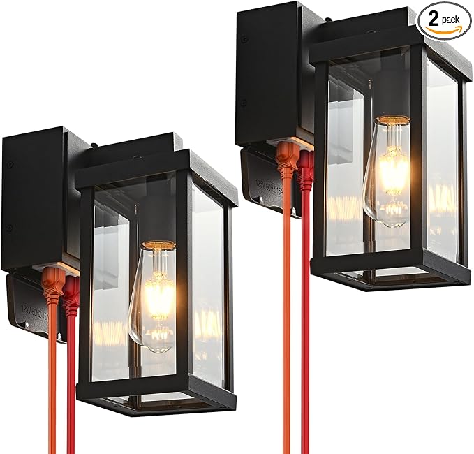 Dusk to Dawn Porch Lights with GFCI Outlets Waterproof Outdoor Wall Lights Exterior Lighting Fixtures Modern Outside Lights Wall Mount for House Patio GarageBlack11.8''H 2 PC