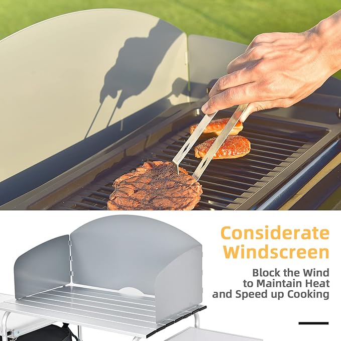 Giantex Camping Kitchen Station Folding Grill Table with 26'' Tabletop 2 Side Tables Storage Organizer Detachable Windscreen Portable Camp Cook Outdoor Prep Station Backyard BBQ Picnic (Grey)