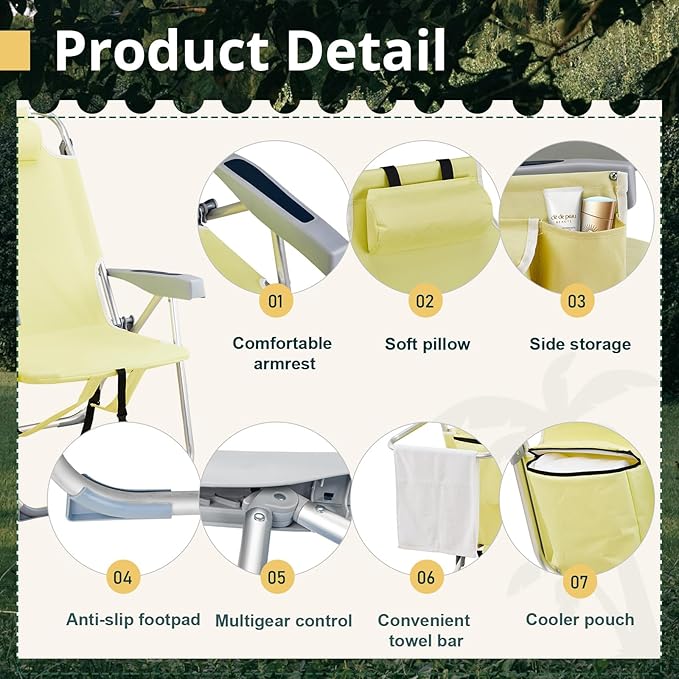 Bonnlo Folding Patio Chair with Headrest &amp Storage Pouch Lightweight Aluminum Frame Supports 220 lbs/100 kg Portable for Travel Lawn Poolside Camping Beach(Canary Yellow)