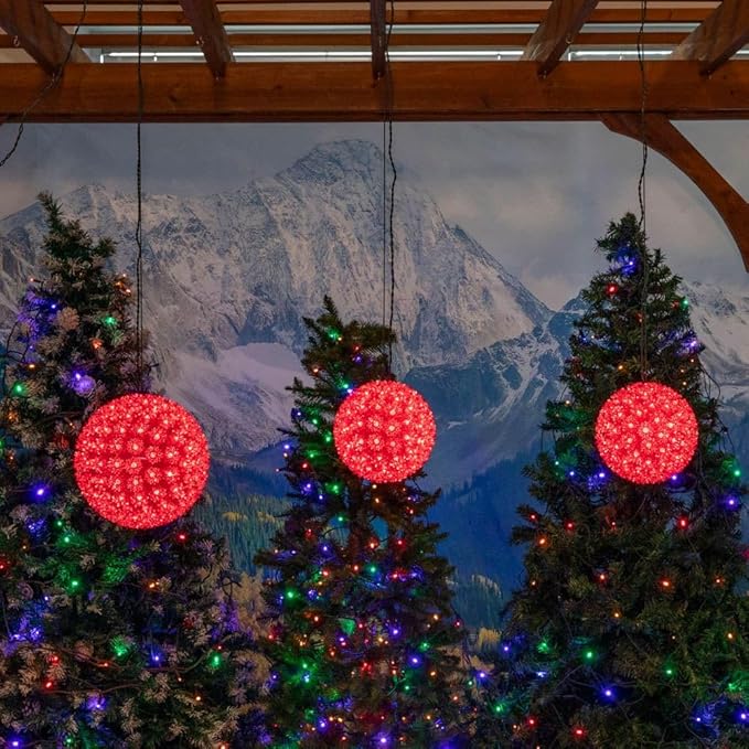 Novelty Lights 7.5in 100 Light Starlight Sphere Red Large Ornament Ball Light 5ft Hanging Cord with S Hook 12ft Power Cord with Stackable Plug Commercial Grade