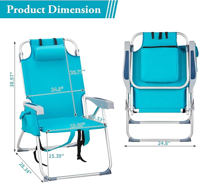 Backpack Beach Chairs Low 5 Position Beach Chair with Pouch Straps Folding Lightweight Reclining Aluminum Lay Flat Single (Mint Green High)