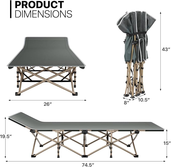 MoNiBloom Folding Sleeping Cot for Adults Easy to Set Up Portable &amp Lightweight Camping Cot for Outdoor Camping Lounging and Elevated Napping Support 360 lbs Grey