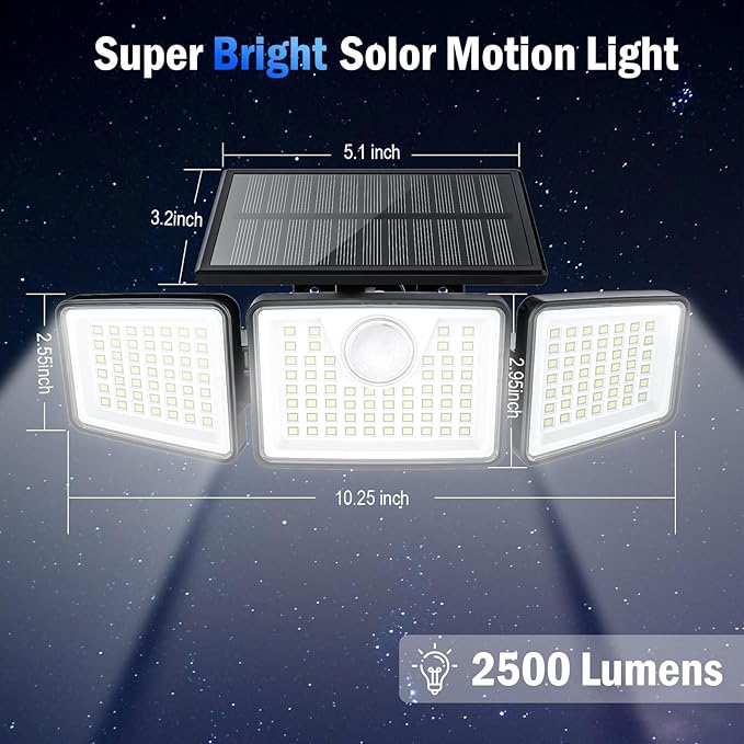 2500LM Solar Lights Outdoor with Motion Sensor3 Head 270° Wide Angle Street Area Lights IP65 Waterproof Security Lighting with 3 Modes(Non-Remote2 Pcs)