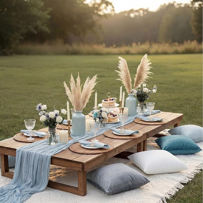 Moukeren 10 Pcs 71''x102'' Extra Large White Outdoor Boho Picnic Blanket with Table Runner 8 Blue Throw Pillow Cover Oversized Washable Portable Beach Blanket for Valentine Picnic Camp Lawn Wedding