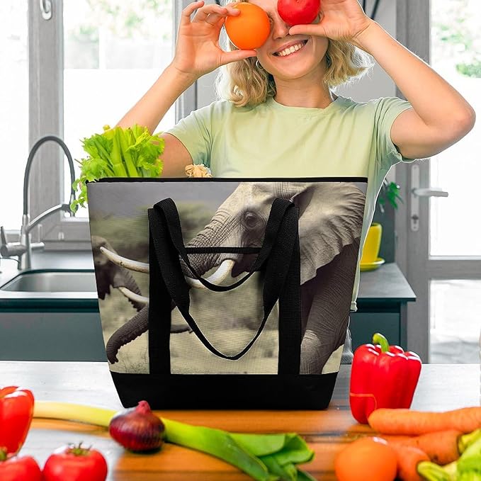 Insulated Shopping BagLarge Reusable Cooler Bags Elephants Animals Printed Foldable Shopping BagTravel Waterproof Shoulder Bag