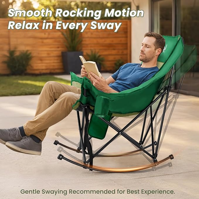 ABORON Oversized Rocking Camping Chair for Adults Fully Padded Folding Outdoor Lawn Chair with Side Pocket Portable Recliner Chair for Camp Patio Backyard Supports 400 lbs
