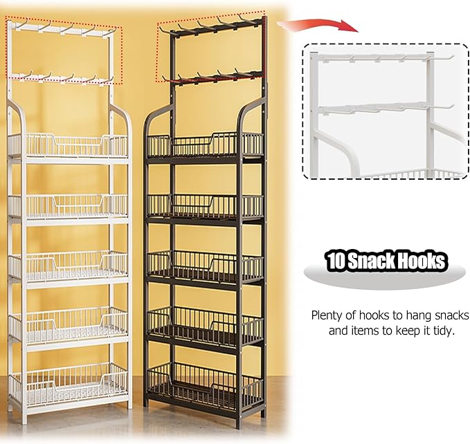 5-Tier Black Floor Standing Display Rack with Hooks Potato Chip Shelf Organizer for Kitchen &amp Commercial Use Ideal for Break Rooms &amp Pantries (Size: 60x27cm)
