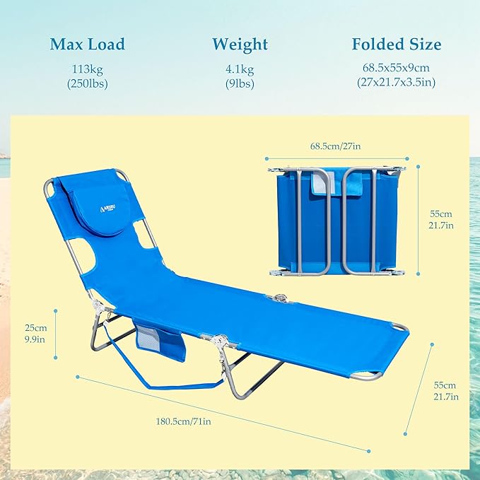 Beach Lounge Chair Outdoor Chaise Lounger with Face Hole 5-Position Reclining Beach Chair Face Down Tanning Chair with Carry StrapSide Pocket Portable Camping Cot for PatioPoolside