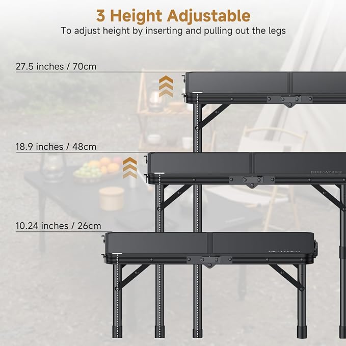Folding Camping Table 22 x 15 Picnic Table with 3 Adjustable Height Max 27.5 Matte Black Aluminum Folding Table with Handle for Party Dining Garden Patio Market