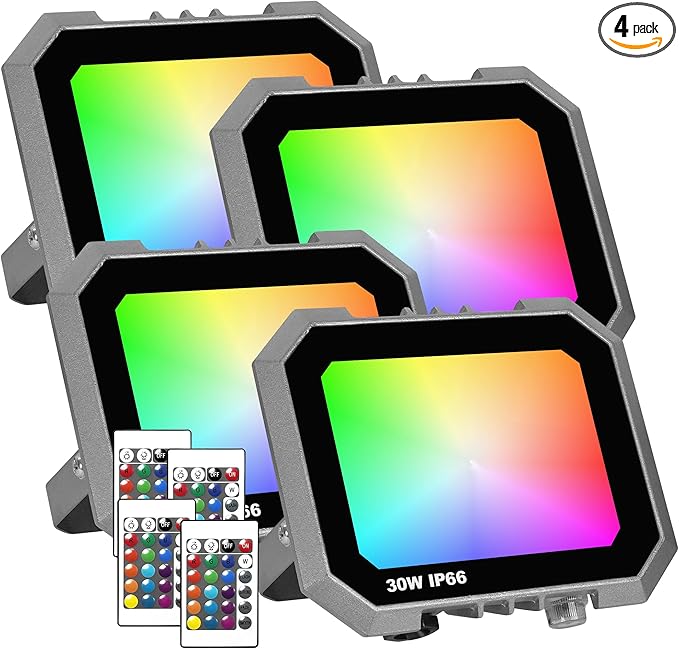 4 Pack RGB LED Flood Light 30W 300W Equivalent 3000 LM Outdoor Landscape Flood Lights with 4 Remote IP66 Waterproof Outdoor Light for Christmas Party Stage Uplight Wall Wash