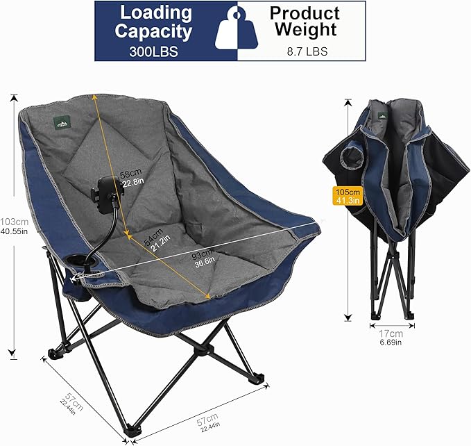 Northroad Oversized Foldable Camping Chair with Cell Phone HolderOutdoor Padded Lawn Chair w/Cup HolderCarry Bag for Beach Hiking and PicnicsHeavy-Duty 300-lbs Capacity Blue
