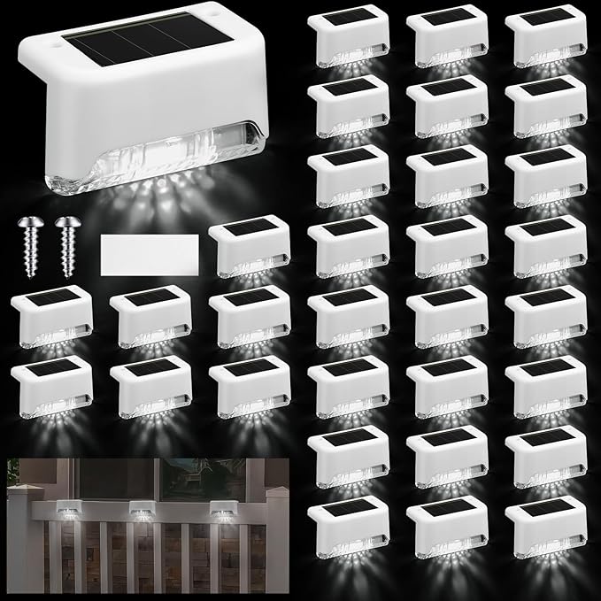 Geelin 32 Pcs Solar Deck Lights Outdoor Waterproof LED Solar Step Fence Lights for Stairs Step Railing Patio Driveway Garden Pathway and Yard(White Shell Cool White Light)