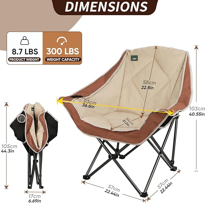 Northroad Folding Camping ChairOversized Portable Camping Chair w/Cup HolderHeavy Duty Padded Lawn Chair for Outdoor Tailgates Beach and Sports Moca