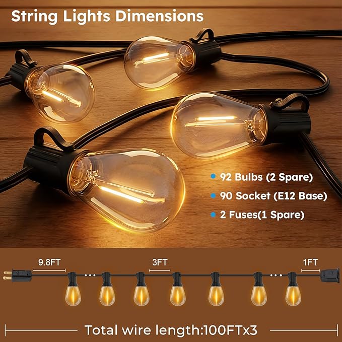 LED Outdoor String Lights 300FT Waterproof Patio Lights with 92 Shatterproof S11 Plastic Bulbs 2700K Warm White Edison Hanging Lights for Backyard Garden Porch Bistro
