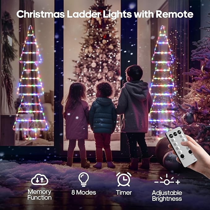4.6FT LED Christmas Tree Ladder Lights with Remote Plug-in Christmas Window Lights IP65 Waterproof Timer 8 Lighting Modes Window Hanging Light for Indoor Outdoor Wall Door Garden