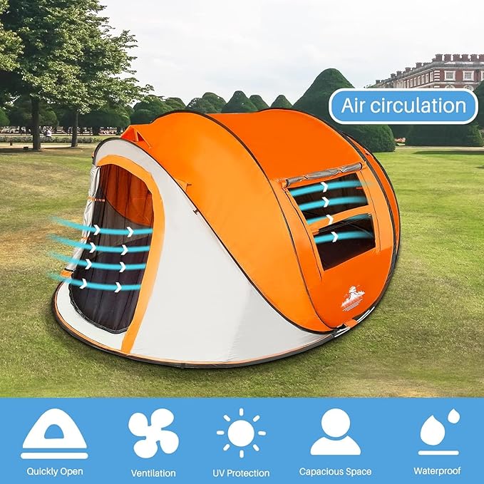 J.M.Deco 4 Person PopTent up with 2 Windows Pop Up Tents for Camping Backyard Sunny Beach Instant Tent for Family Hiking Tents for Backpacking 4 Person Easy Setup Tent Orange