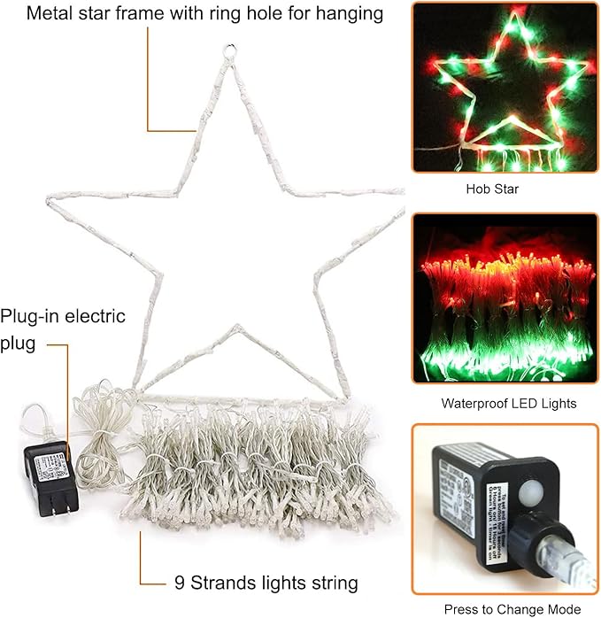 Outdoor Christmas Lights Christmas Decoration Lights 320 LED Christmas Tree Toppers String Lights[8 Modes &amp Waterproof] for Halloween Xmas New Year Holiday(Iron Star-Red &amp Green)