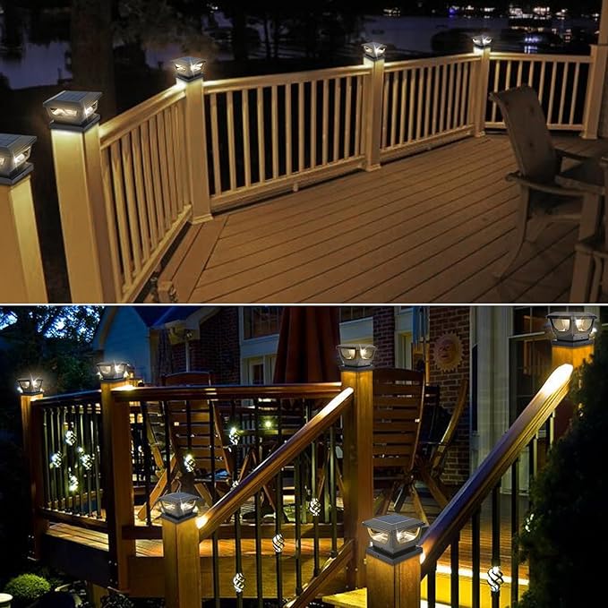 Sumaote Solar Post Cap Lights 120 Lumen 3000K Warm White LED for 3x3 Metal/Vinyl &amp 4x4 Wood Posts IP65 Waterproof Outdoor Garden Fence Deck Lighting Dusk-to-Dawn Auto On/Off (6 Pack)