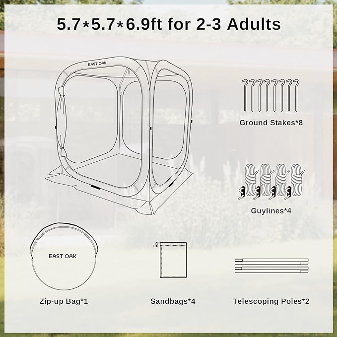 East Oak Screen House Tent Pop-Up Portable Screen Room Canopy Instant Screen Tent 6 x 6 FT with Carry Bag for Patio Backyard Deck &amp Outdoor Activities Beige