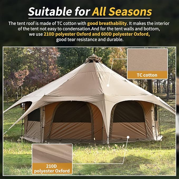 MC TOMOUNT Canvas Tent Bell Tent 16.4ft*9.2ft with Stove Jack for Glamping Family Camping Zipped Removable Floor