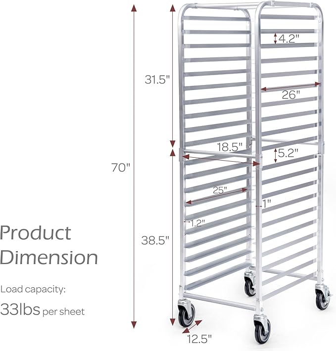 ReunionG 20 Tier Bakery Rack w/Lockable Wheels Aluminum Trolley Storage Cooling Rack Home Commercial Kitchen Backing Rack Casters &amp Open Shelf Mobile Bun Pan Sheet Rack for Donuts and Bread