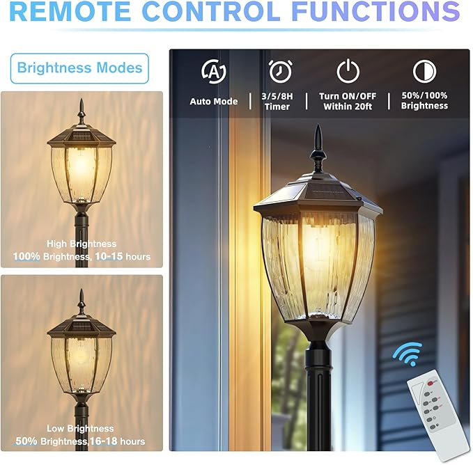 90'' H Solar Post Lights 2700K Solar Lamp Post Light Waterproof Dusk to Dawn Pole Lights Outdoor lamp Posts Lighting for Garden Patio Yard Pathway Gate Remote Control Black(Warm White)