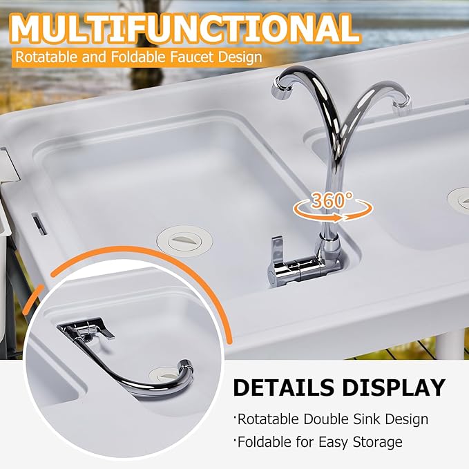 Outvita Fish Cleaning Table 42.5 HDPE Outdoor Fish Cleaning Station with Sink Extended Grid and Trash Can 360° Stainless Steel Faucet Drainage Hose Working Platform for Camping Food Handling