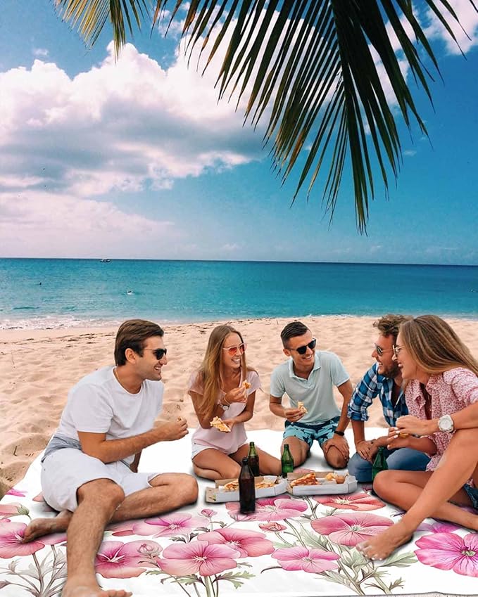 Beach Blanket Waterproof Sandproof Watercolor Pink Blossom Floral Quick Drying Beach Mat with 4 Stakes Pastoral Style Flower on White Lightweight Picnic Blanket for Travel Camping Outdoor 83x79